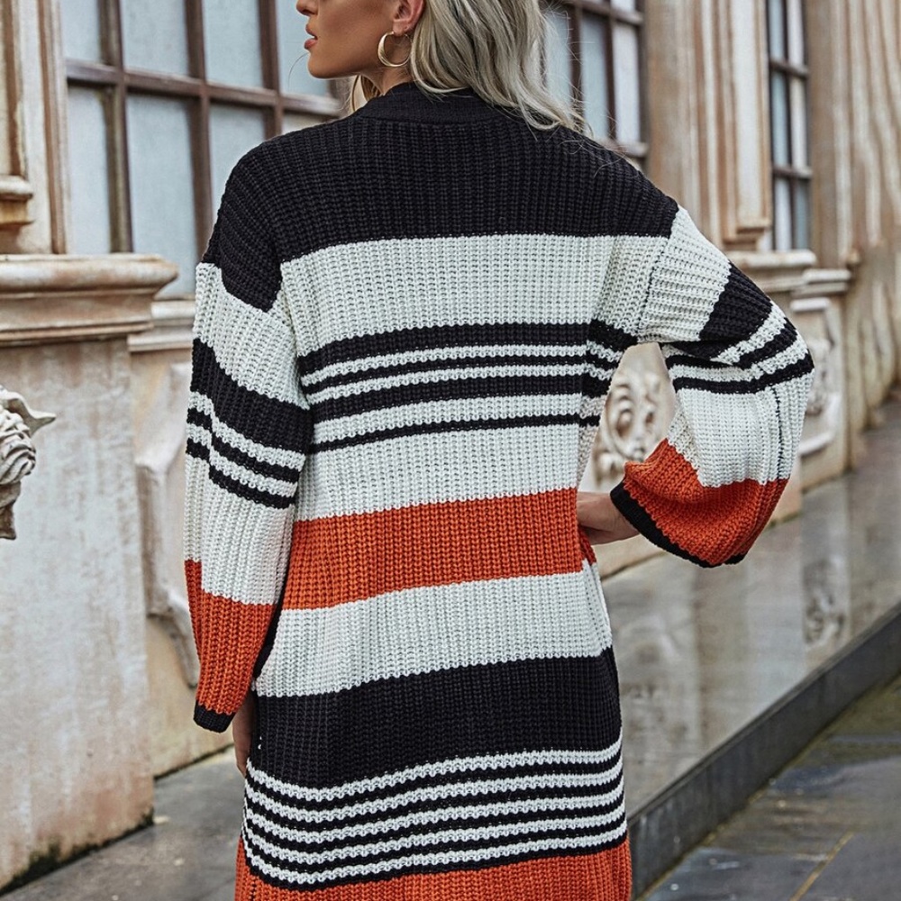 color block stripes open front long knit cardigan - Picture 4 of 6